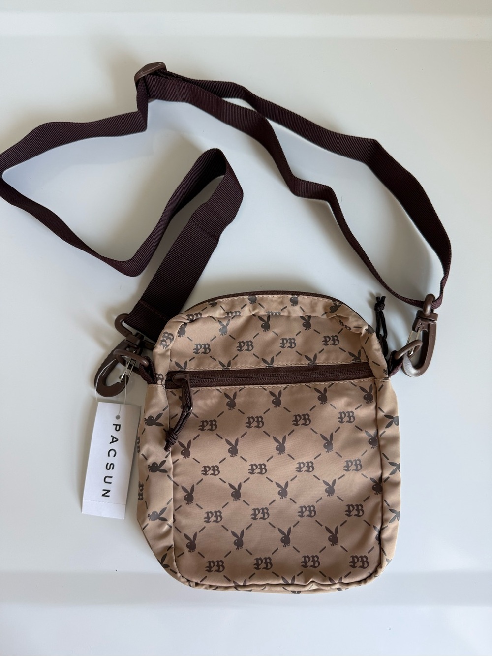 PacSun Beige Brown Playboy Logo-Print Messenger Crossbody